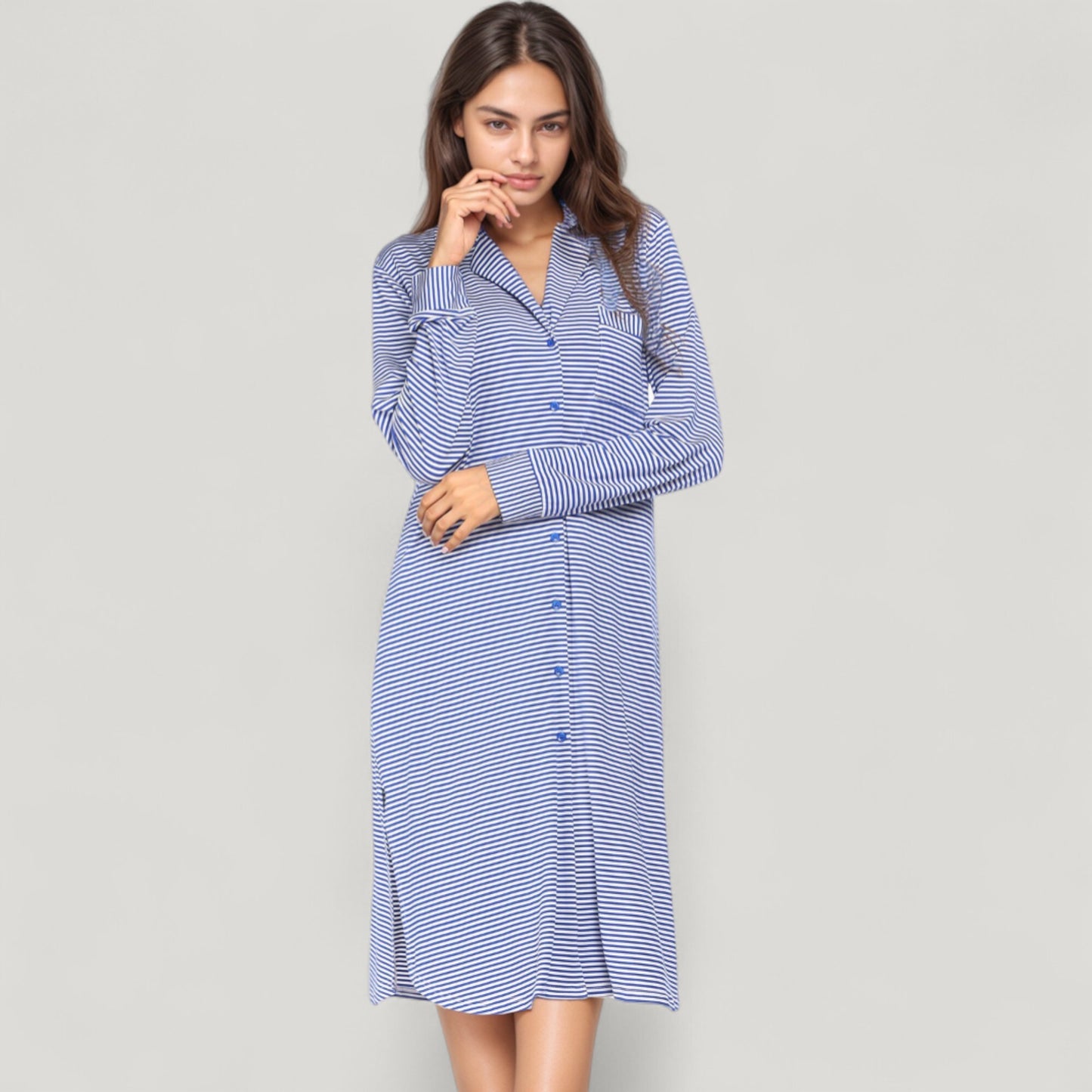 Woven Stripe Long Sleeve Button Down Sleep Shirt with Lapel Collar and Curved Hem