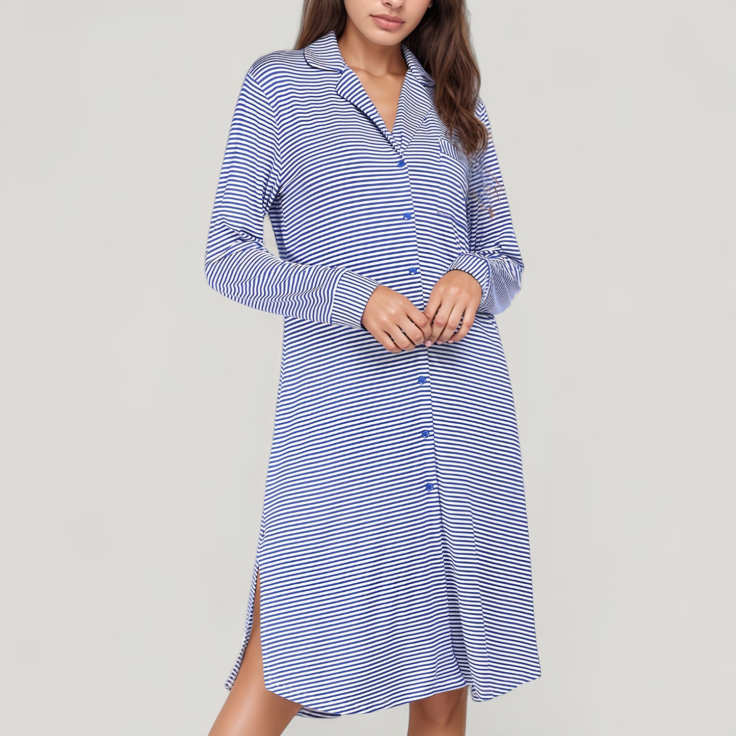 Woven Stripe Long Sleeve Button Down Sleep Shirt with Lapel Collar and Curved Hem