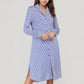 Woven Stripe Long Sleeve Button Down Sleep Shirt with Lapel Collar and Curved Hem