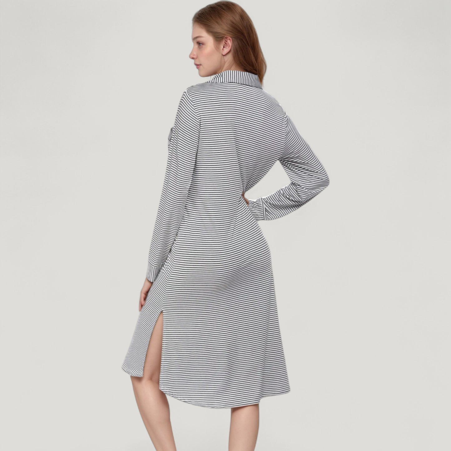 Woven Stripe Long Sleeve Button Down Sleep Shirt with Lapel Collar and Curved Hem