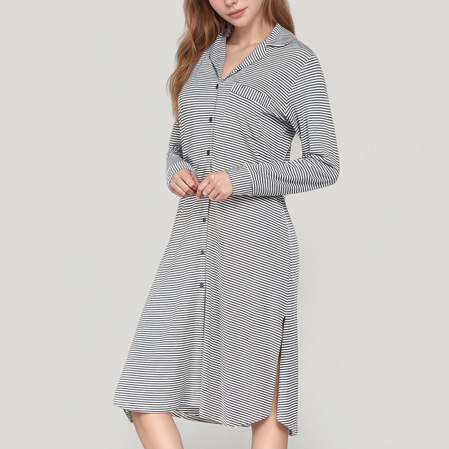 Woven Stripe Long Sleeve Button Down Sleep Shirt with Lapel Collar and Curved Hem