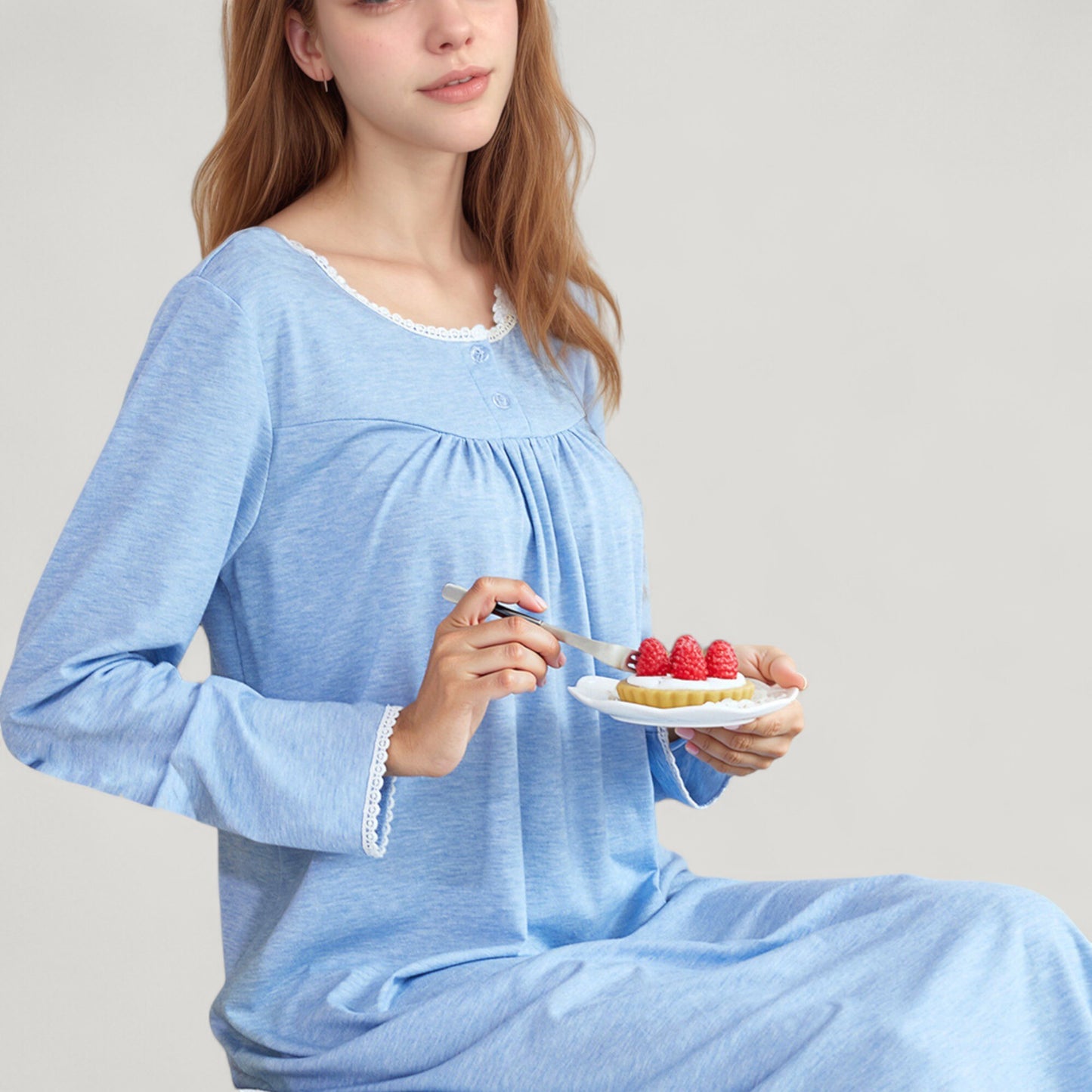Long Sleeve Pullover Nightgown with Lace Trim and Front Button Detail