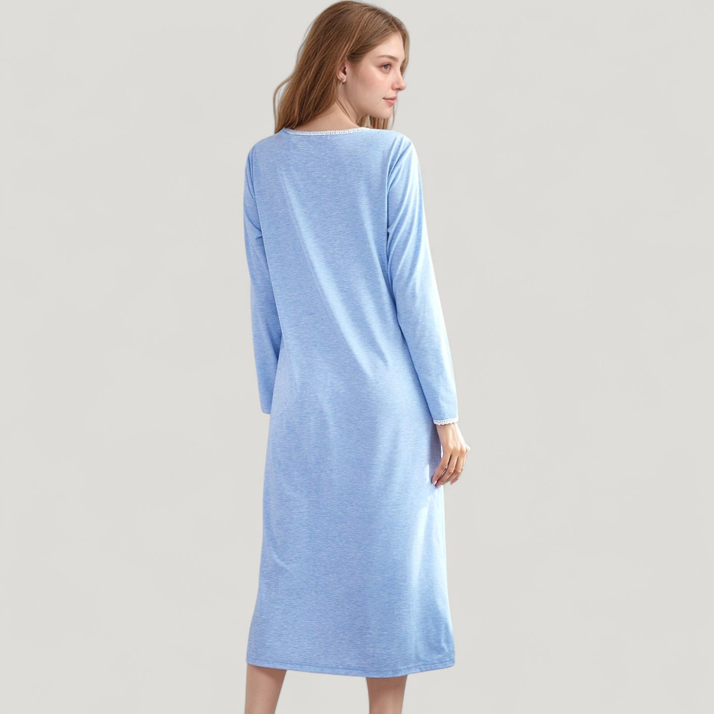 Long Sleeve Pullover Nightgown with Lace Trim and Front Button Detail