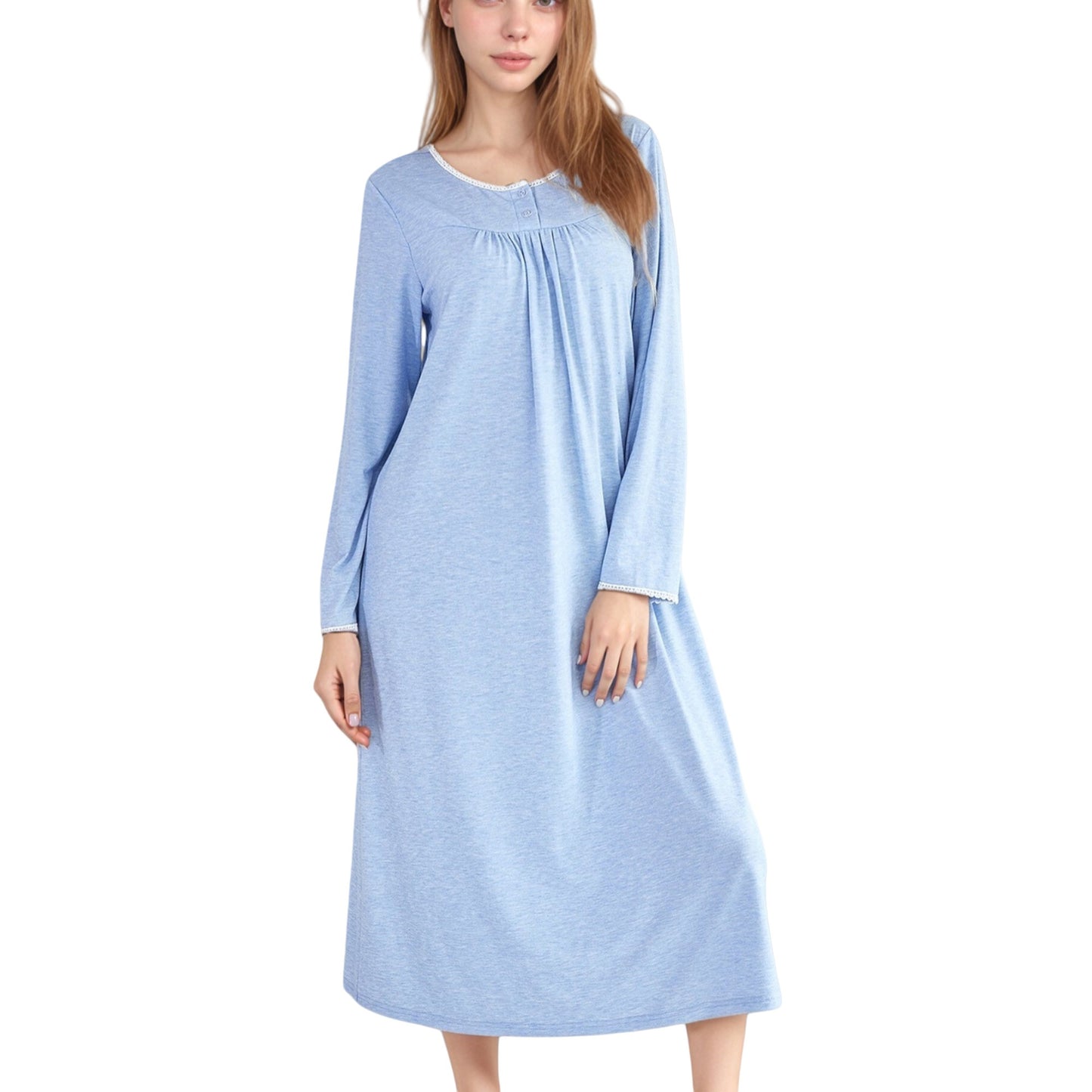 Long Sleeve Pullover Nightgown with Lace Trim and Front Button Detail