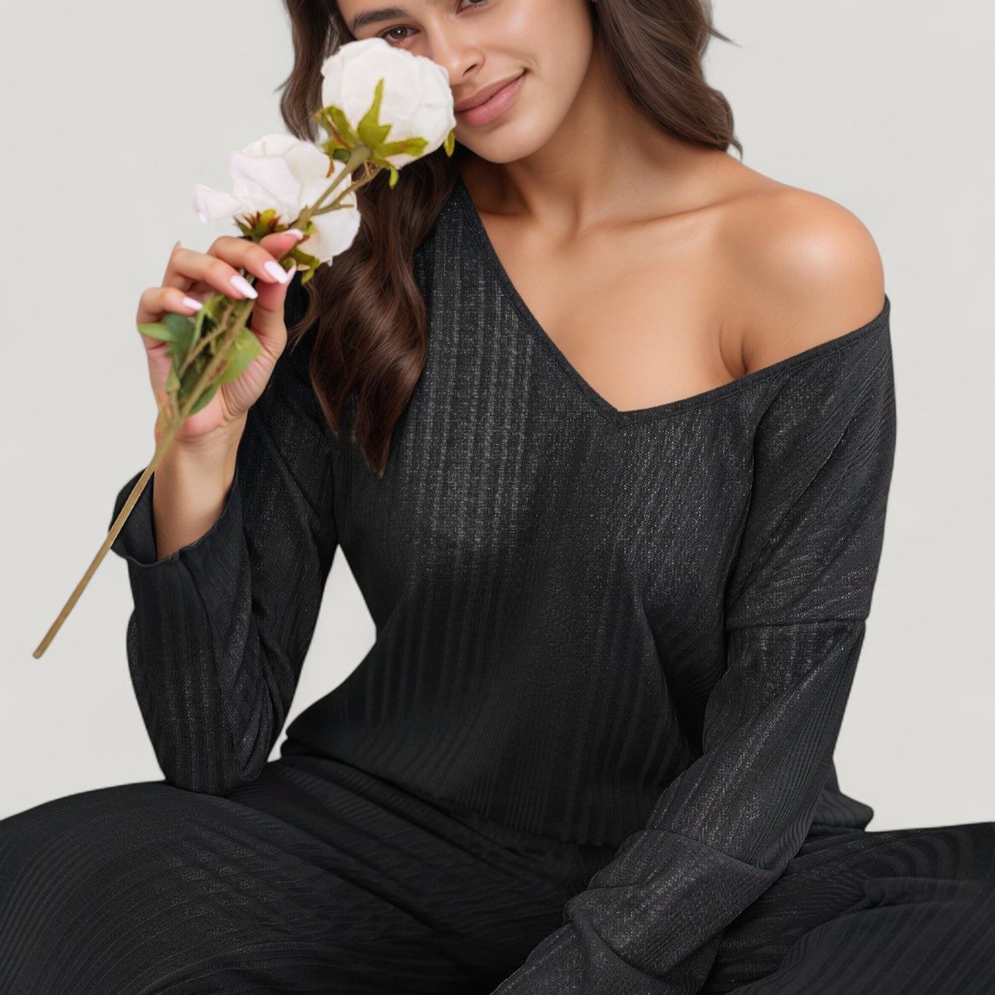 Ribbed Knit Long Sleeve Crop Top and High Waist Lounge Pants Two Piece Set