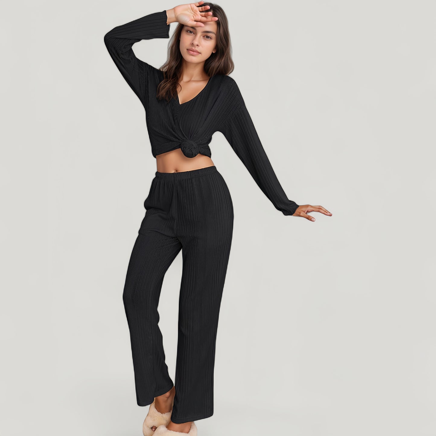 Ribbed Knit Long Sleeve Crop Top and High Waist Lounge Pants Two Piece Set