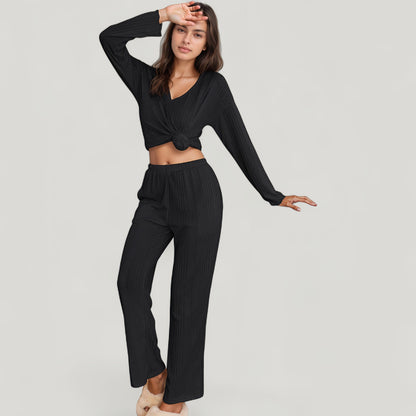 Ribbed Knit Long Sleeve Crop Top and High Waist Lounge Pants Two Piece Set
