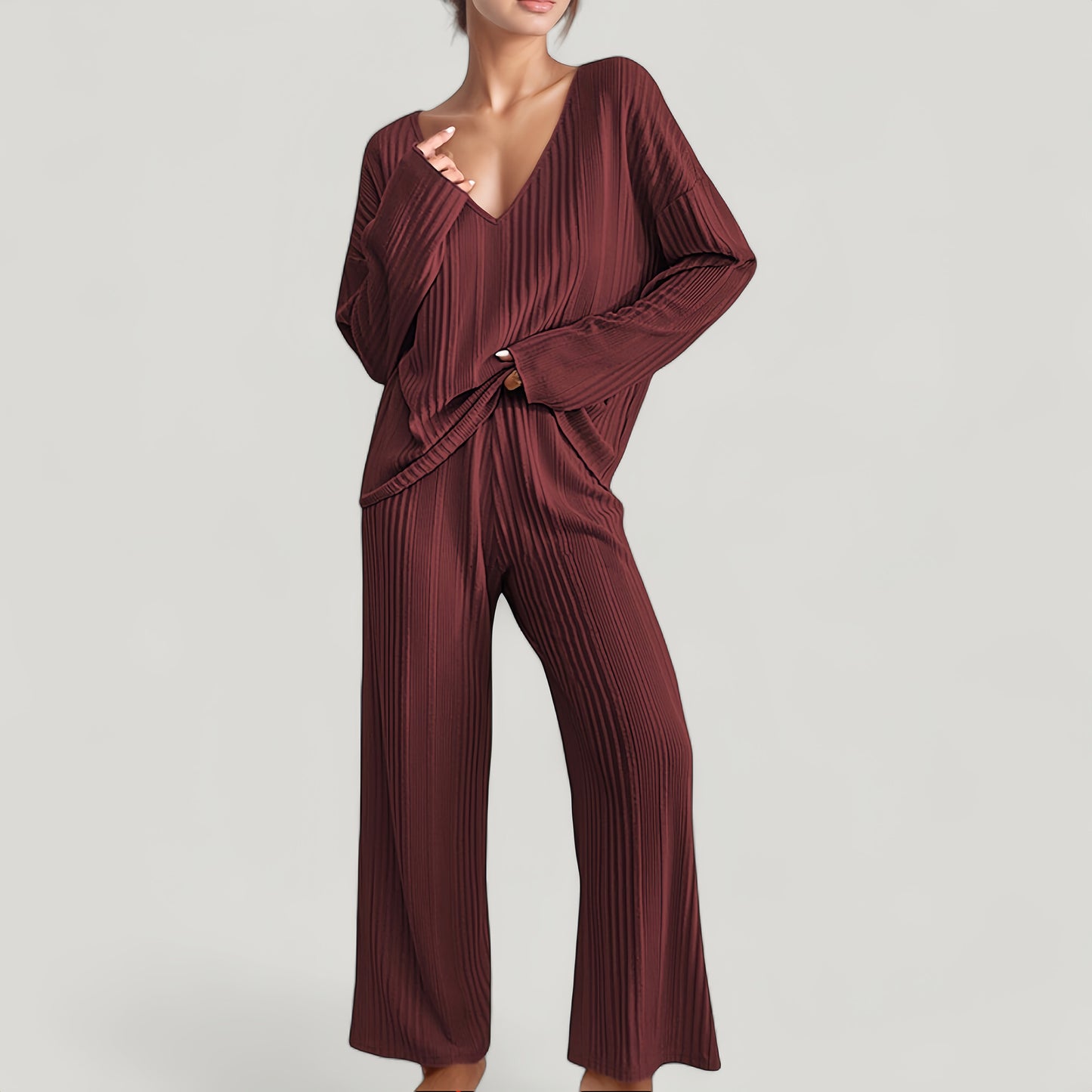 Ribbed Knit Long Sleeve Crop Top and High Waist Lounge Pants Two Piece Set