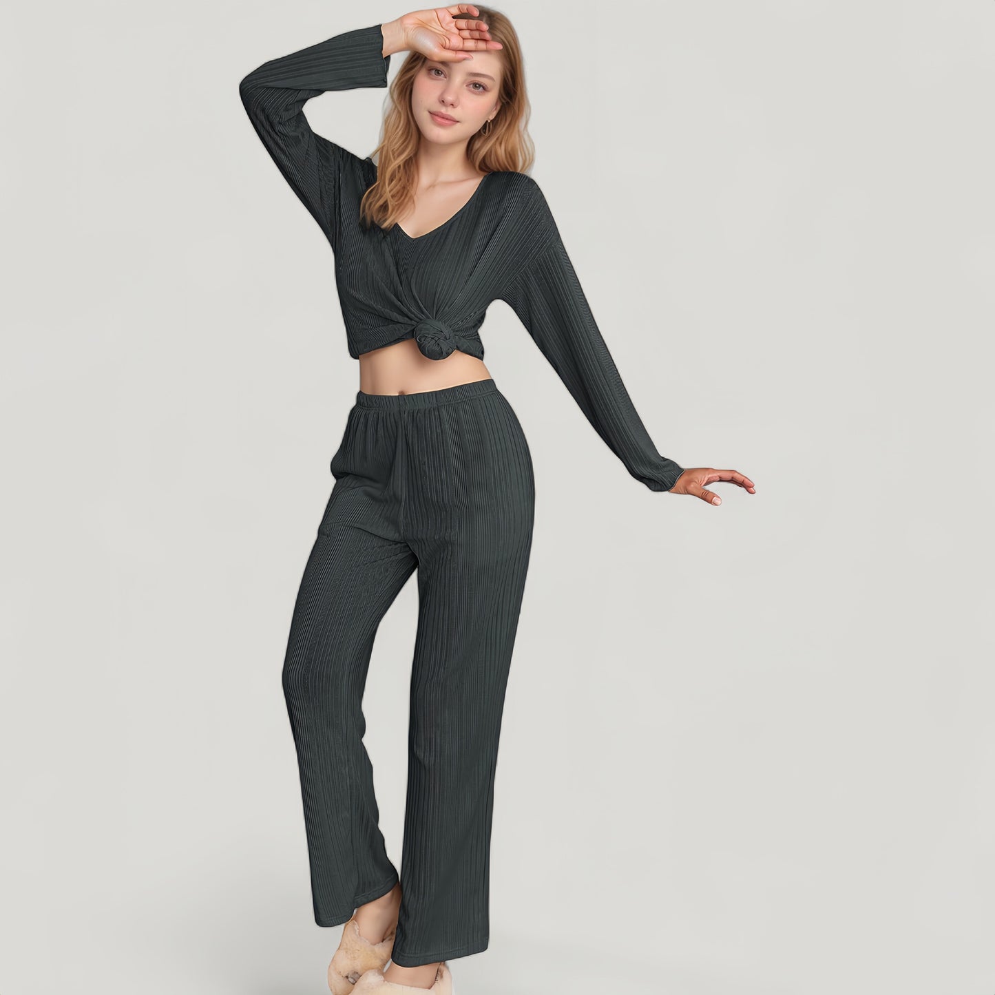 Ribbed Knit Long Sleeve Crop Top and High Waist Lounge Pants Two Piece Set