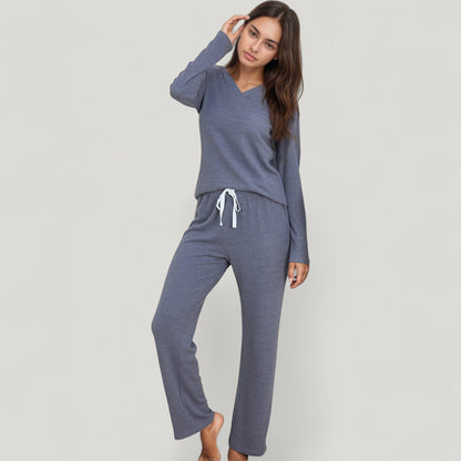 V-Neck Long Sleeve Knit Top and Drawstring Waist Lounge Pants Two Piece Set