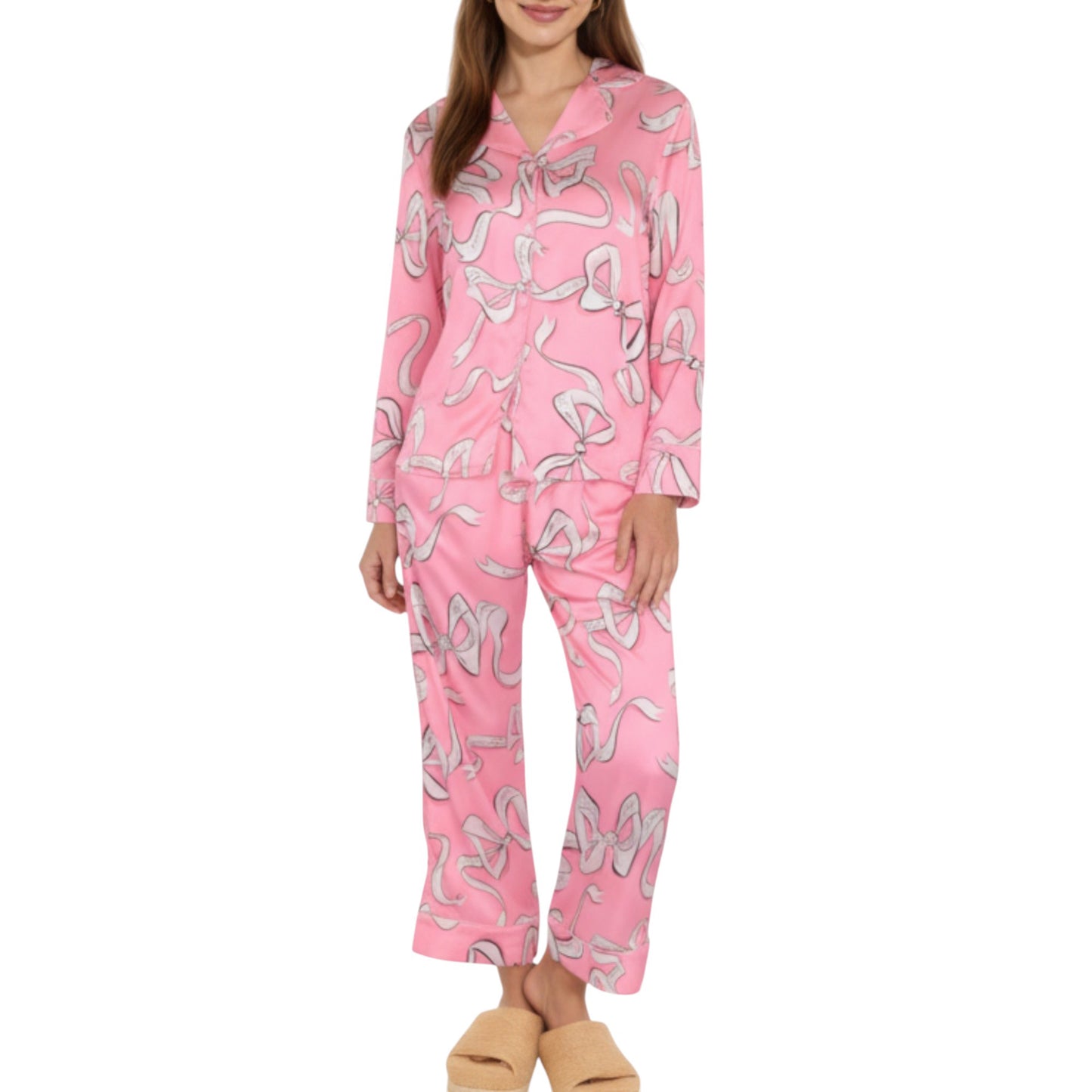 2-Piece Set Long Sleeve Button Front Pajama Set with Ribbon Print and Soft Silky Fabric for Relaxed Comfort
