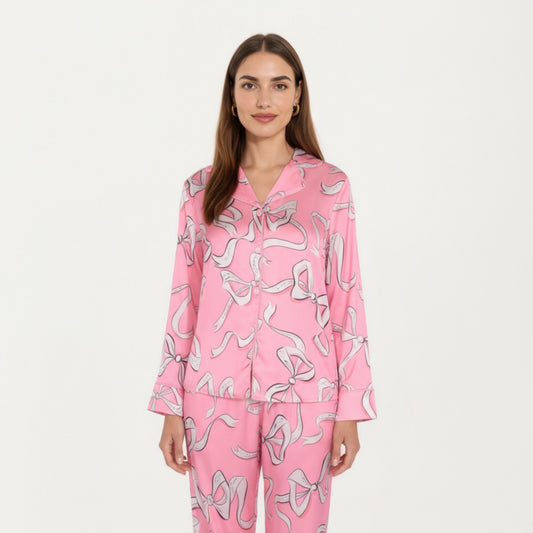 2-Piece Set Long Sleeve Button Front Pajama Set with Ribbon Print and Soft Silky Fabric for Relaxed Comfort