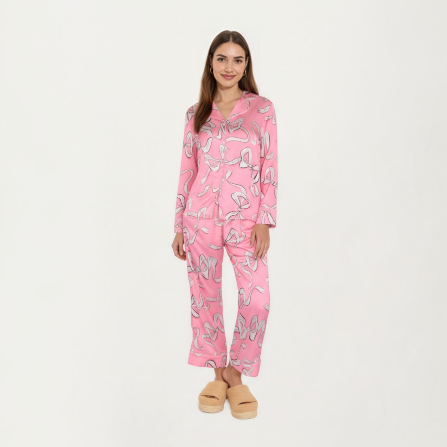 2-Piece Set Long Sleeve Button Front Pajama Set with Ribbon Print and Soft Silky Fabric for Relaxed Comfort