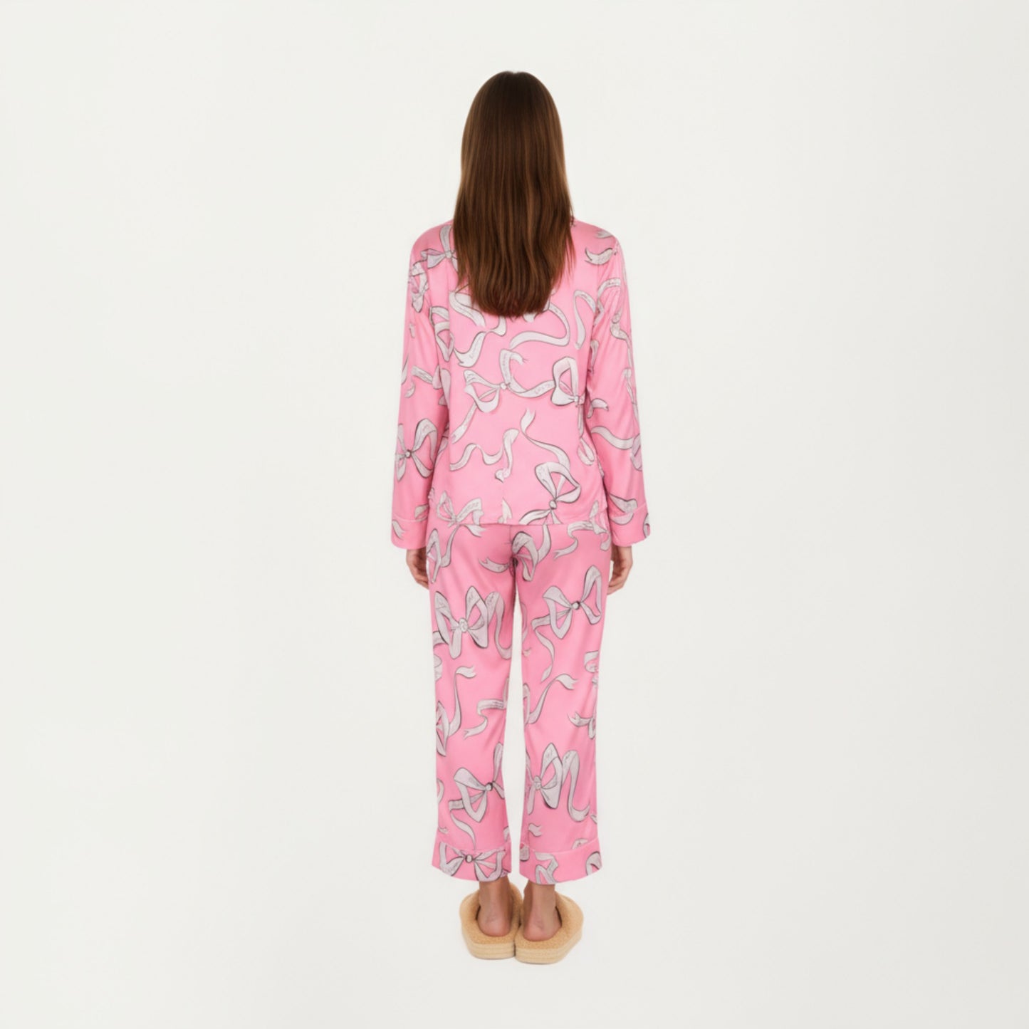 2-Piece Set Long Sleeve Button Front Pajama Set with Ribbon Print and Soft Silky Fabric for Relaxed Comfort