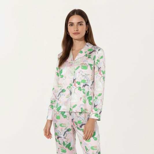 2-Piece Set Long Sleeve Button Front Pajama Set with Crane Print and Soft Silky Fabric for Relaxed Comfort