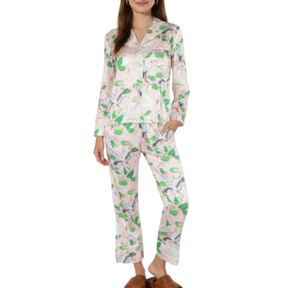 2-Piece Set Long Sleeve Button Front Pajama Set with Crane Print and Soft Silky Fabric for Relaxed Comfort