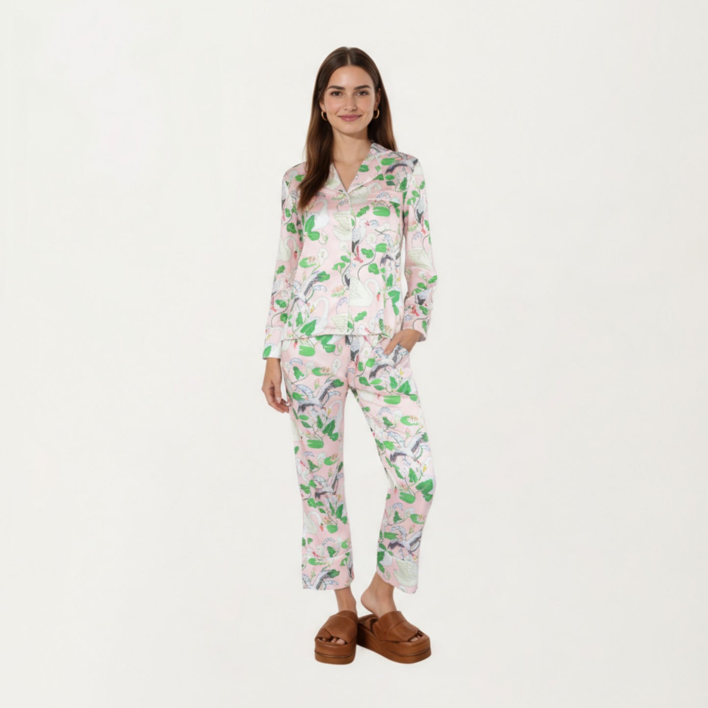 2-Piece Set Long Sleeve Button Front Pajama Set with Crane Print and Soft Silky Fabric for Relaxed Comfort