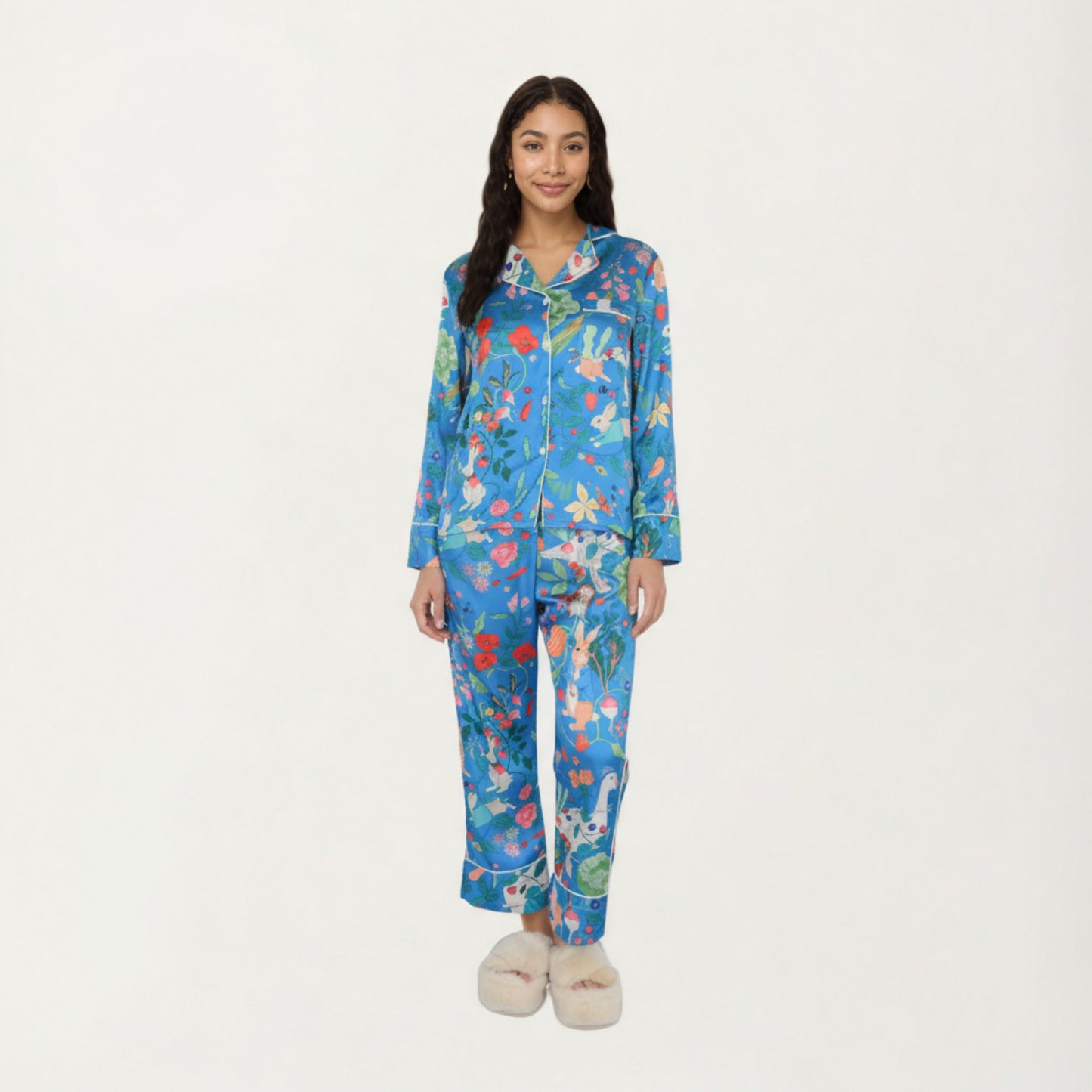 2-Piece Set Long Sleeve Button Front Pajama Set with Botanical Animal Print and Soft Silky Fabric for Relaxed Comfort