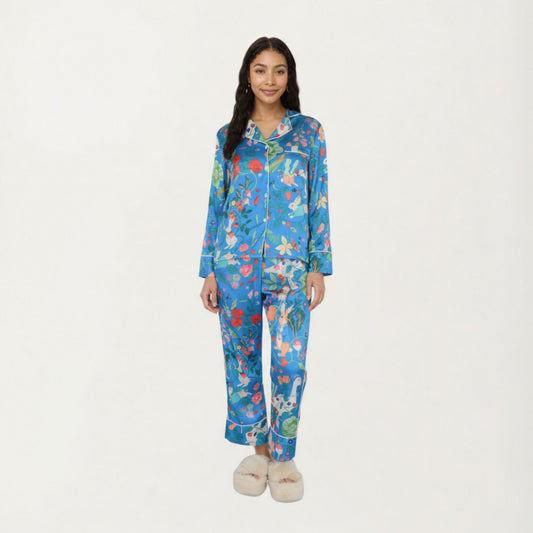 2-Piece Set Long Sleeve Button Front Pajama Set with Botanical Animal Print and Soft Silky Fabric for Relaxed Comfort