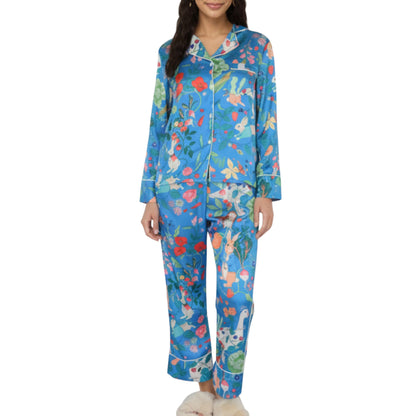 2-Piece Set Long Sleeve Button Front Pajama Set with Botanical Animal Print and Soft Silky Fabric for Relaxed Comfort