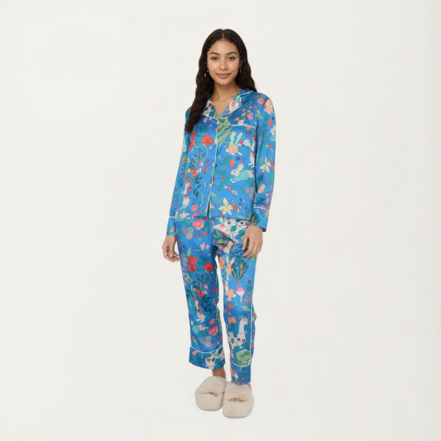 2-Piece Set Long Sleeve Button Front Pajama Set with Botanical Animal Print and Soft Silky Fabric for Relaxed Comfort