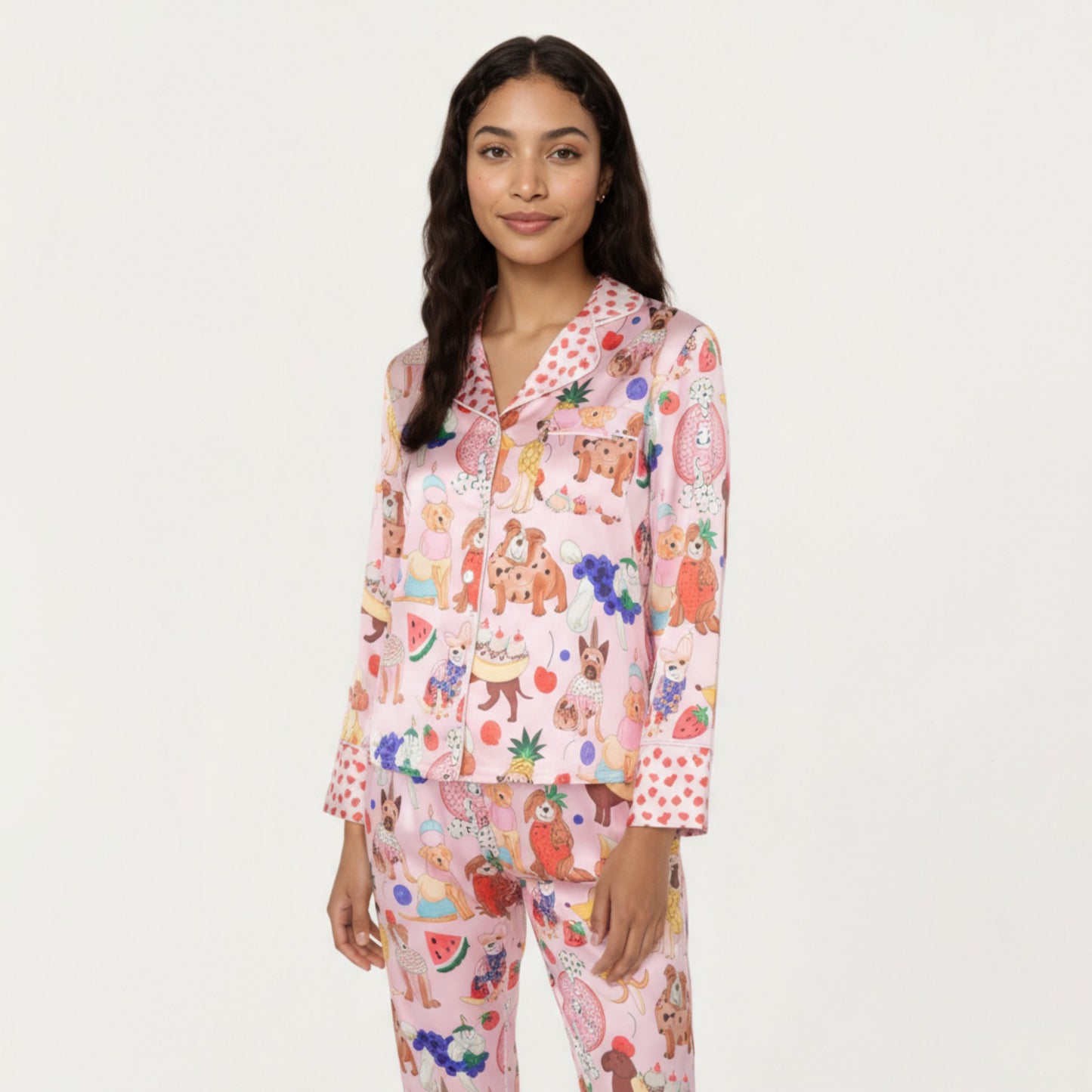 2-Piece Set Button Front Pajama Set with Playful Dog Print and Soft Silky Fabric for Relaxed Comfort