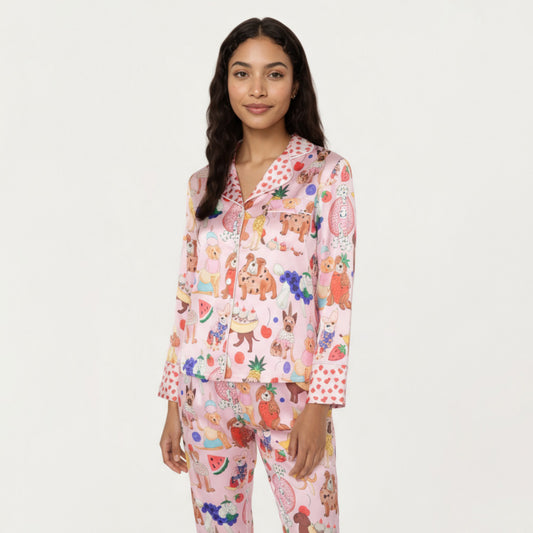 2-Piece Set Button Front Pajama Set with Playful Dog Print and Soft Silky Fabric for Relaxed Comfort