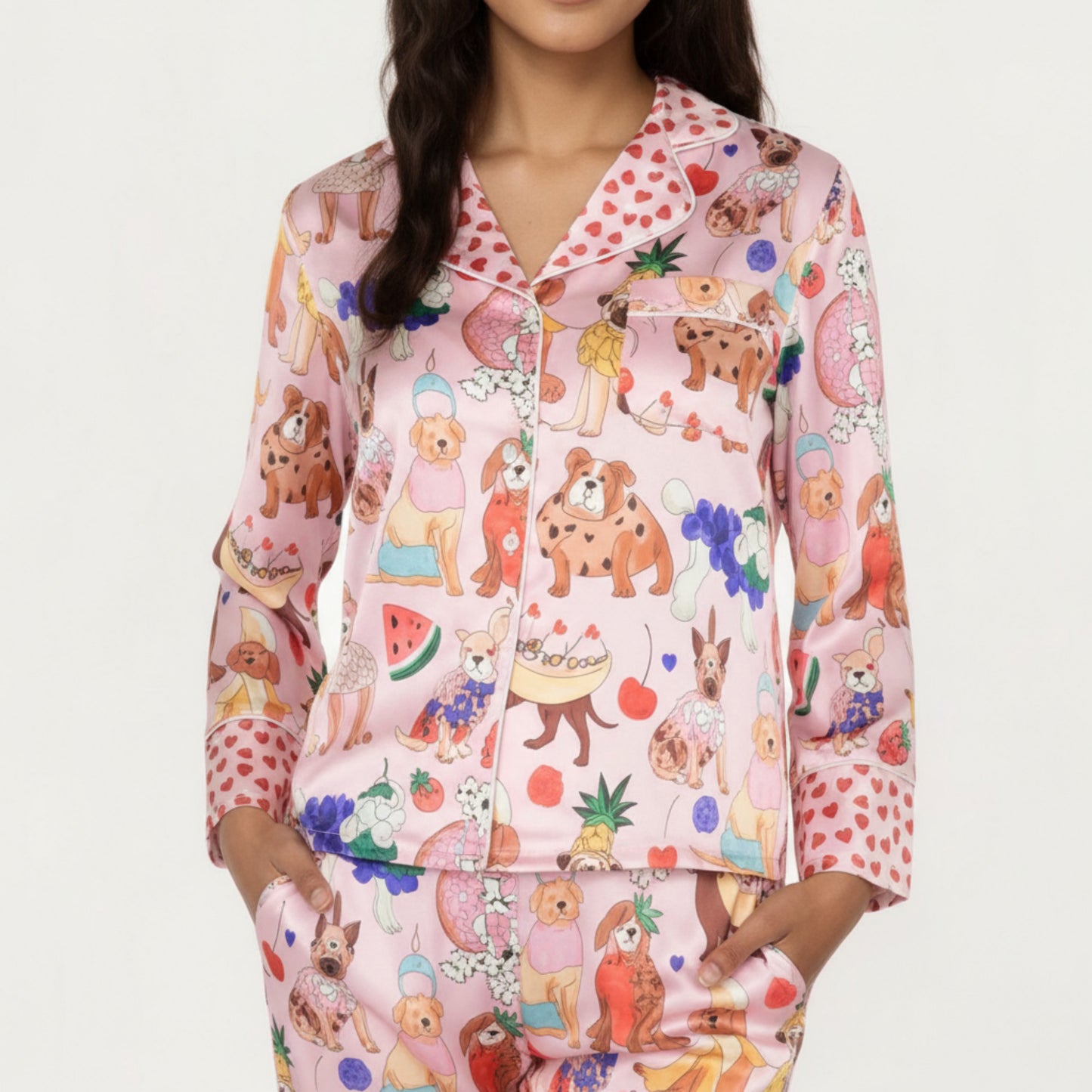 2-Piece Set Button Front Pajama Set with Playful Dog Print and Soft Silky Fabric for Relaxed Comfort