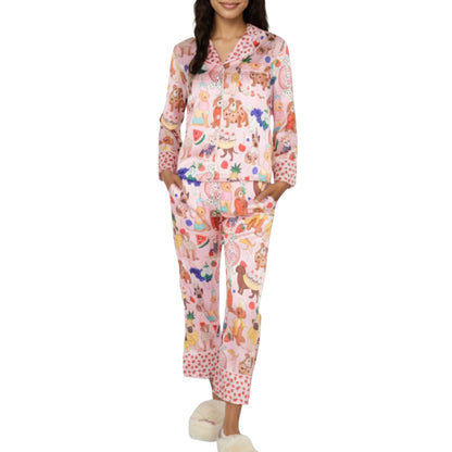 2-Piece Set Button Front Pajama Set with Playful Dog Print and Soft Silky Fabric for Relaxed Comfort