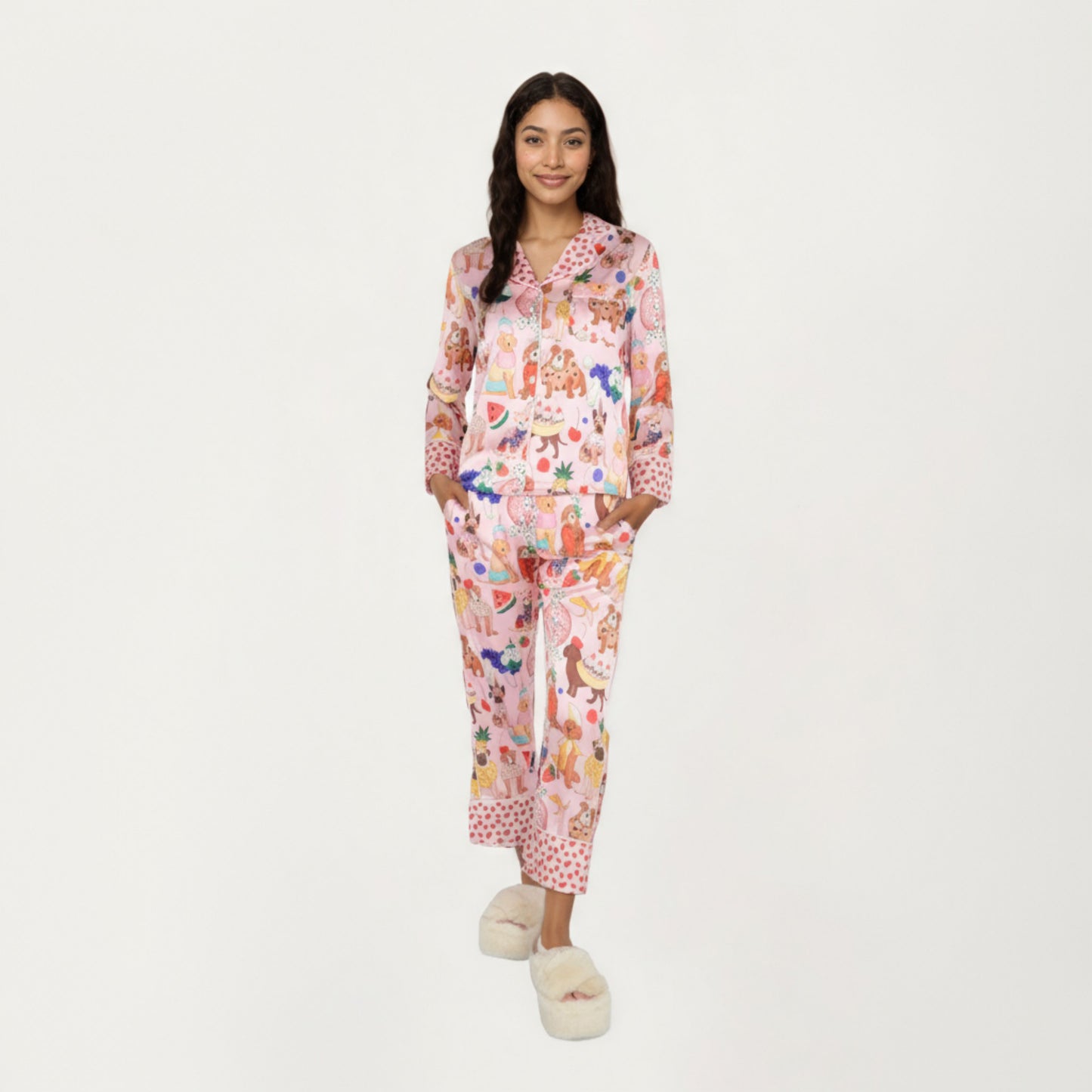 2-Piece Set Button Front Pajama Set with Playful Dog Print and Soft Silky Fabric for Relaxed Comfort