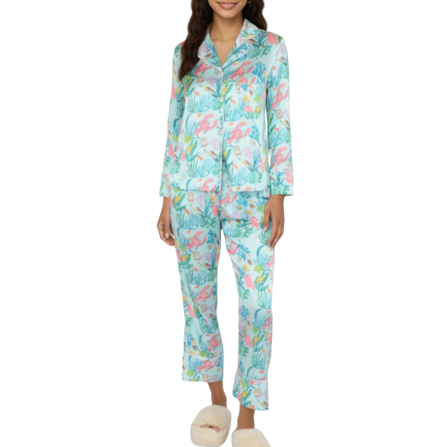 2-Piece Set Button Front Pajama Set with Ocean Print and Soft Silky Fabric for Relaxed Comfort