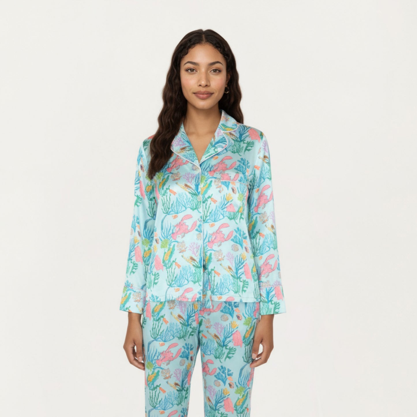 2-Piece Set Button Front Pajama Set with Ocean Print and Soft Silky Fabric for Relaxed Comfort