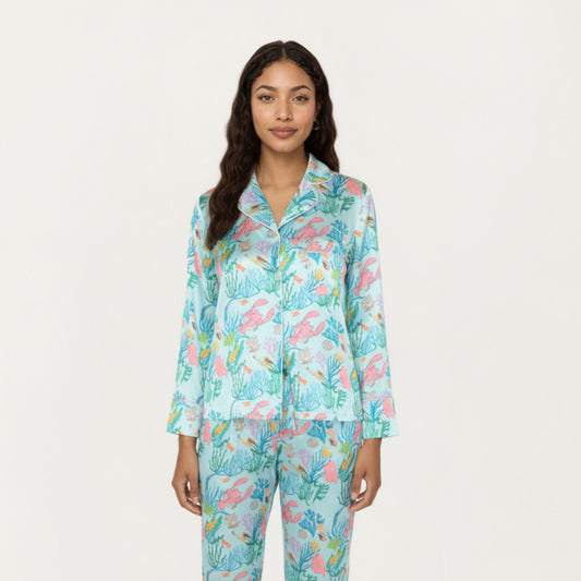 2-Piece Set Button Front Pajama Set with Ocean Print and Soft Silky Fabric for Relaxed Comfort