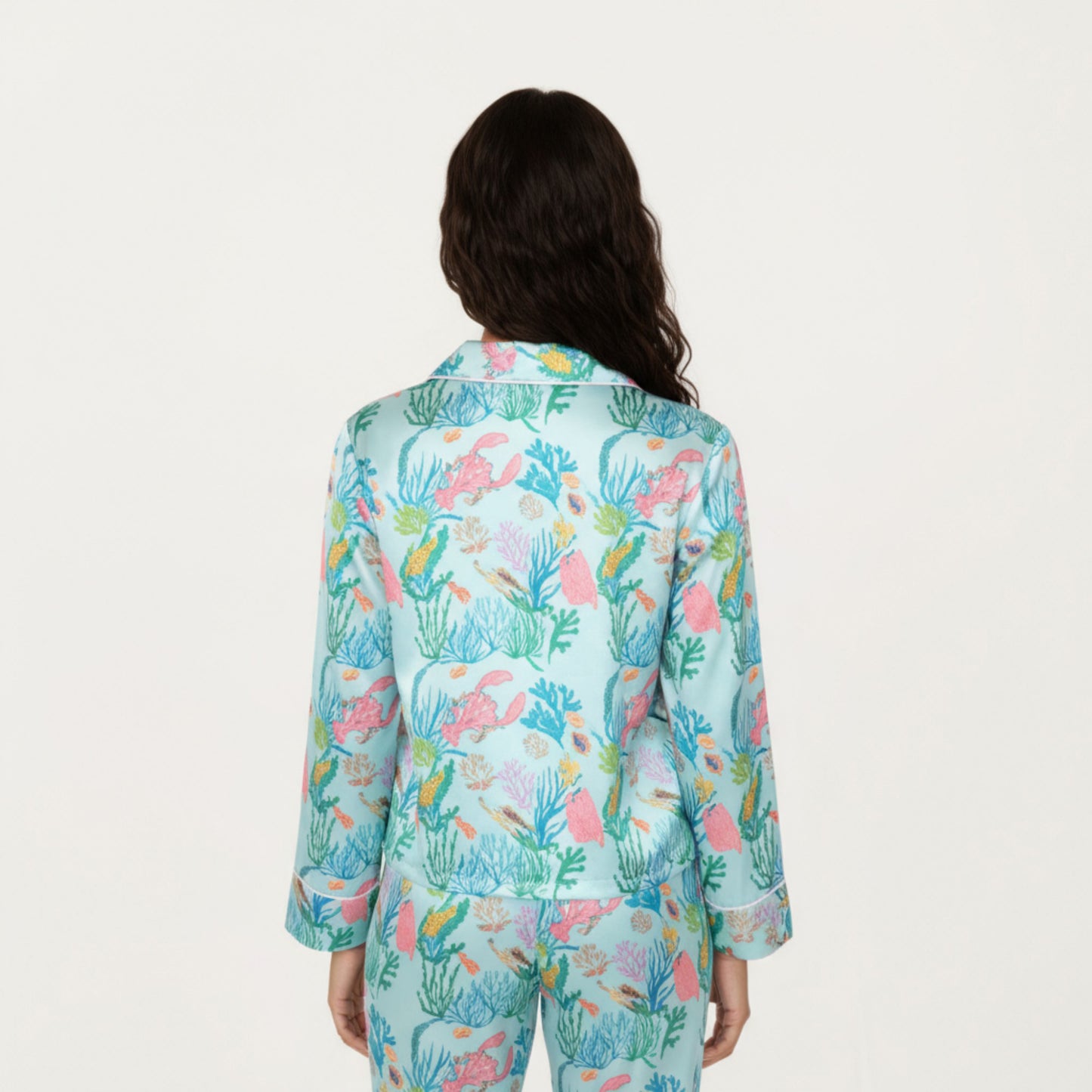 2-Piece Set Button Front Pajama Set with Ocean Print and Soft Silky Fabric for Relaxed Comfort