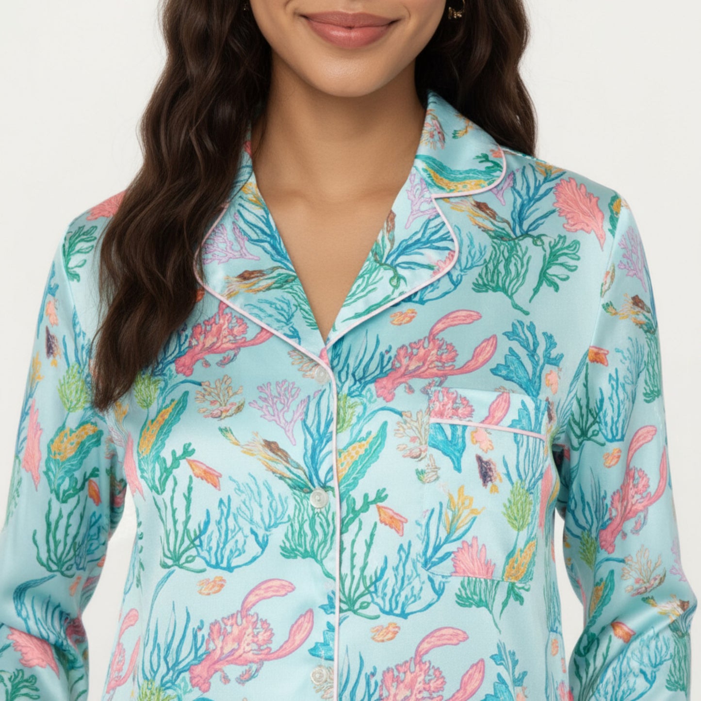 2-Piece Set Button Front Pajama Set with Ocean Print and Soft Silky Fabric for Relaxed Comfort