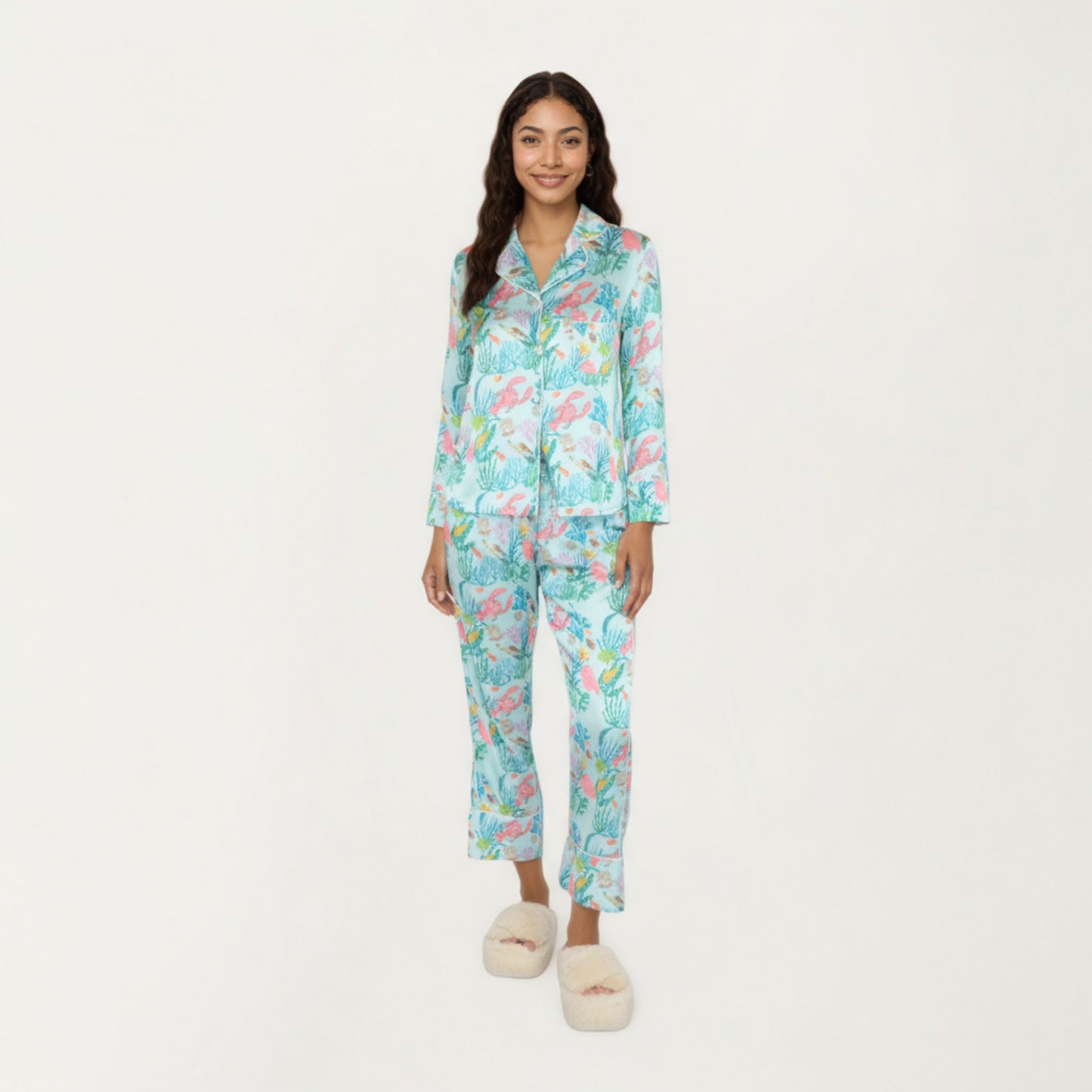 2-Piece Set Button Front Pajama Set with Ocean Print and Soft Silky Fabric for Relaxed Comfort