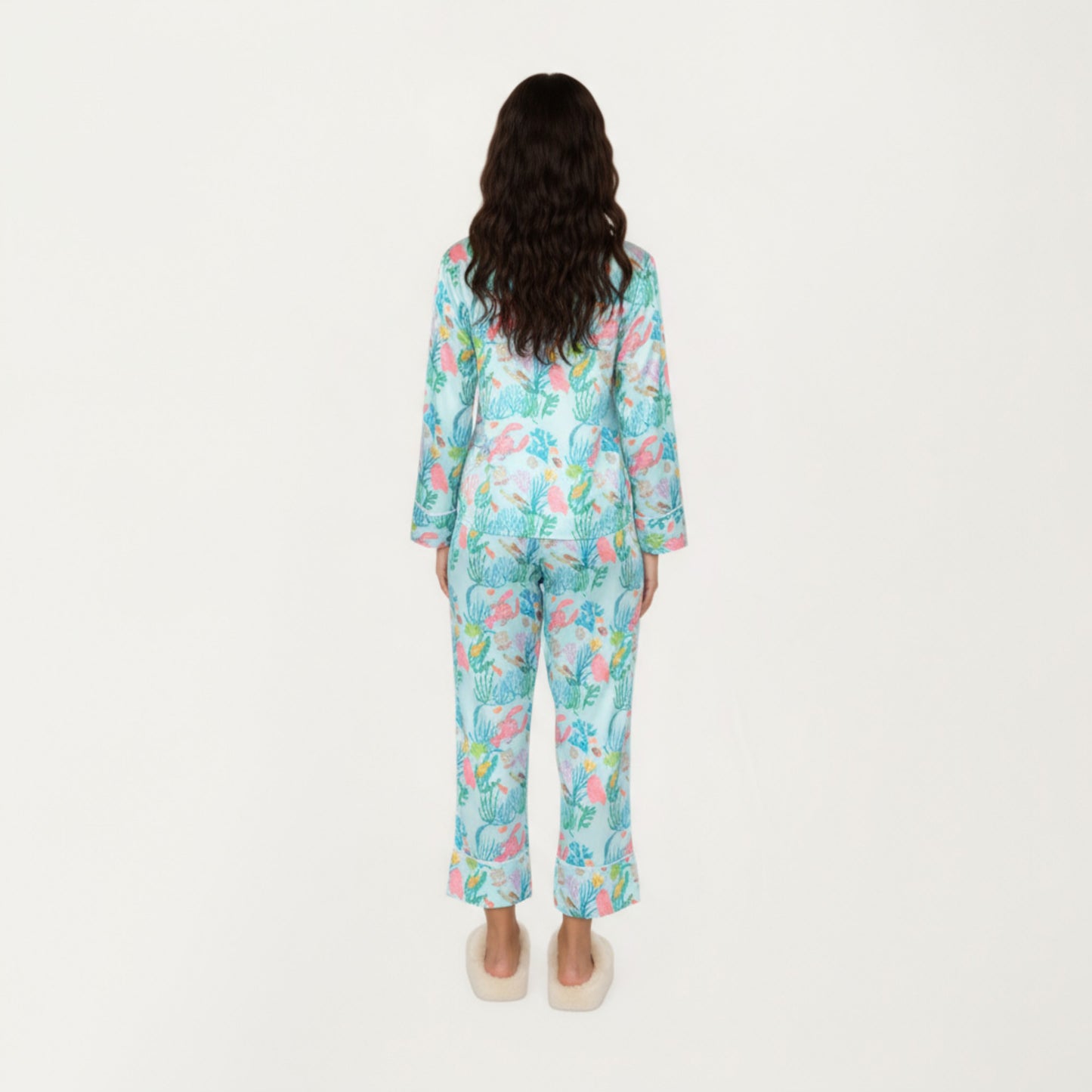 2-Piece Set Button Front Pajama Set with Ocean Print and Soft Silky Fabric for Relaxed Comfort