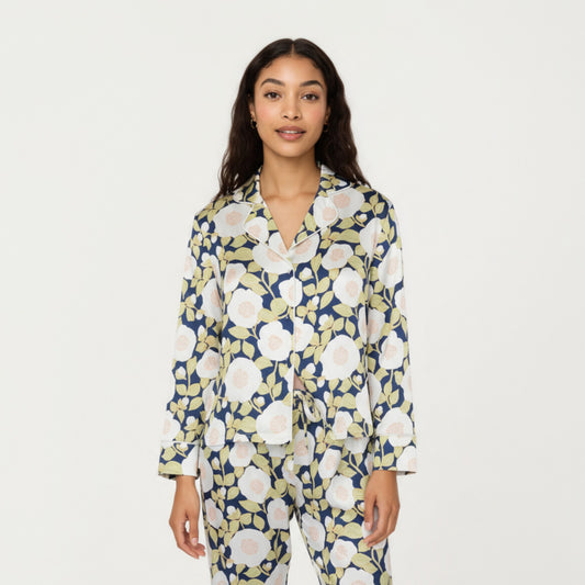 2-Piece Set Long Sleeve Button Front Pajama Set with Floral Print and Soft Silky Fabric for Relaxed Comfort
