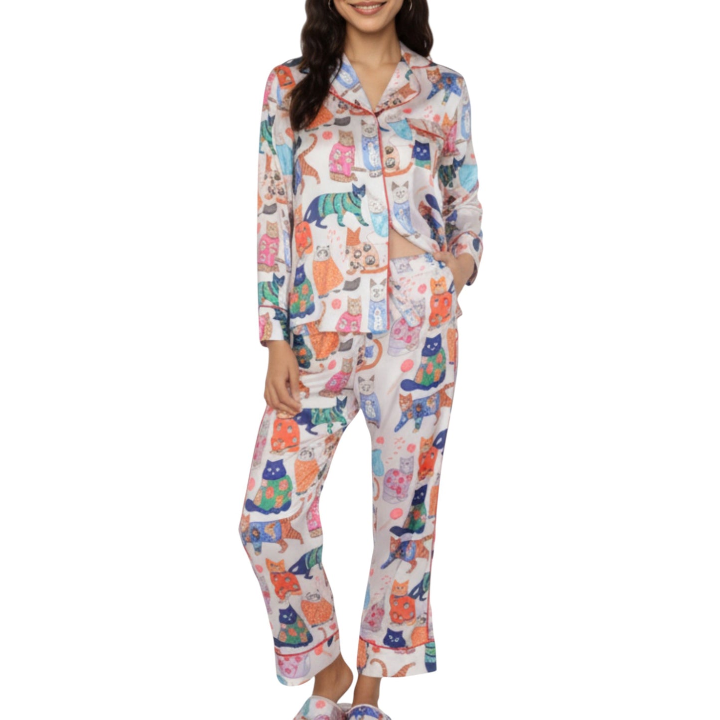 2-Piece Set Long Sleeve Button Front Pajama Set with Cat Print and Soft Silky Fabric for Relaxed Comfort