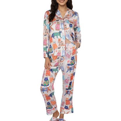 2-Piece Set Long Sleeve Button Front Pajama Set with Cat Print and Soft Silky Fabric for Relaxed Comfort