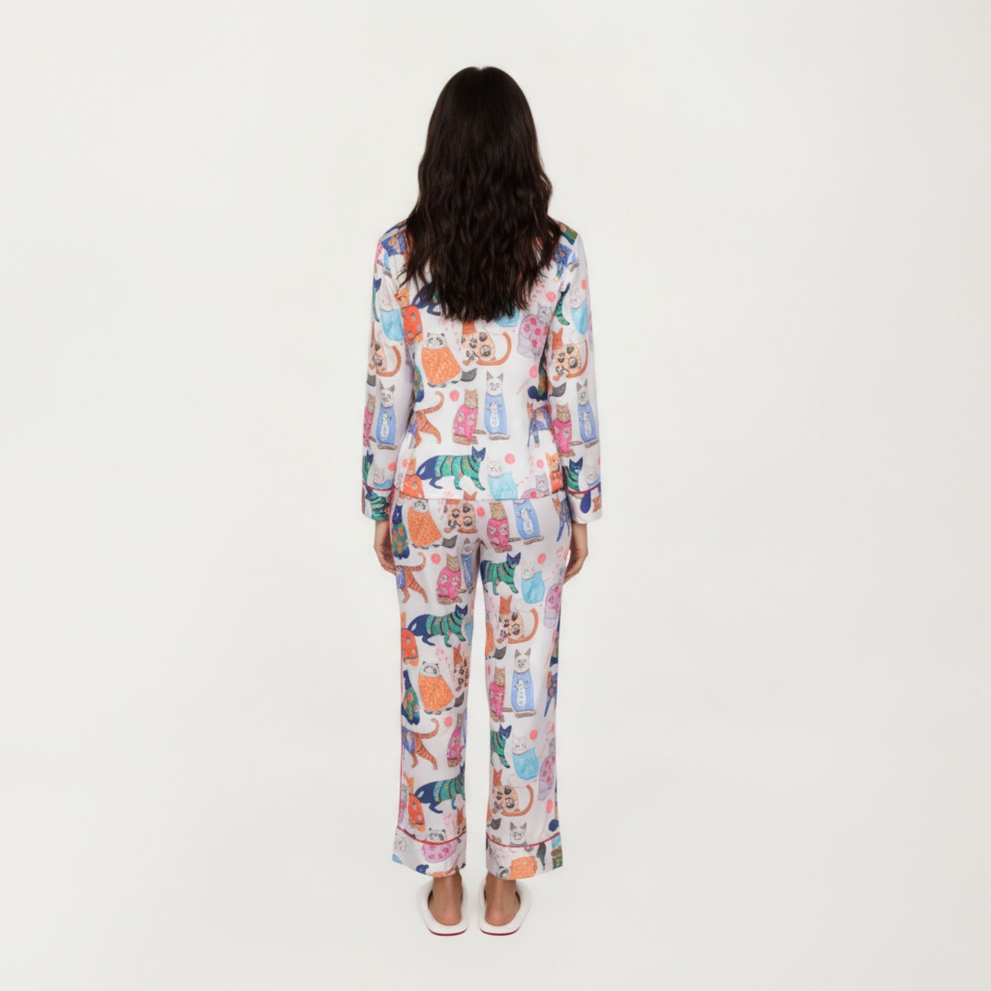 2-Piece Set Long Sleeve Button Front Pajama Set with Cat Print and Soft Silky Fabric for Relaxed Comfort