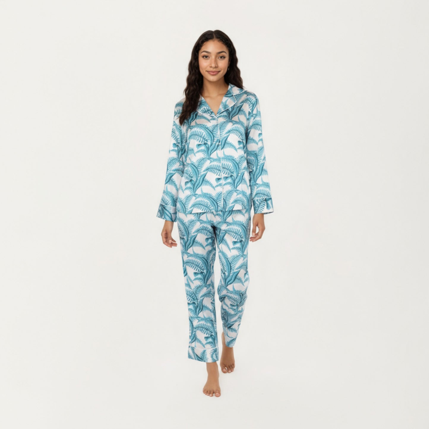 2-Piece Set Long Sleeve Button Front Pajama Set with Tropical Leaf Print and Soft Silky Fabric for Relaxed Comfort