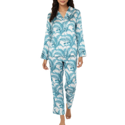 2-Piece Set Long Sleeve Button Front Pajama Set with Tropical Leaf Print and Soft Silky Fabric for Relaxed Comfort