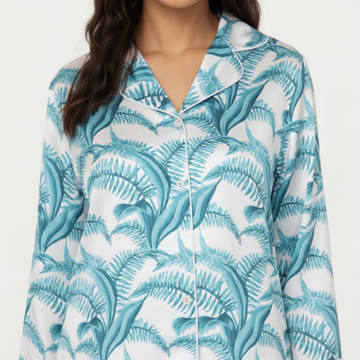 2-Piece Set Long Sleeve Button Front Pajama Set with Tropical Leaf Print and Soft Silky Fabric for Relaxed Comfort
