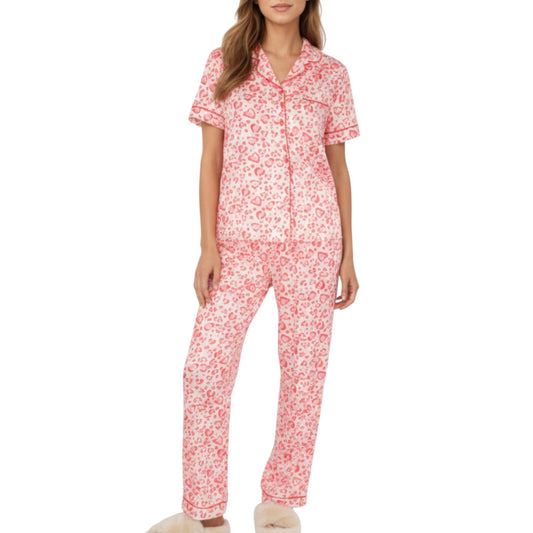 2-Piece Set Short Sleeve Button Front Pajama Set with Leopard Print and Soft Fabric for Relaxed Comfort