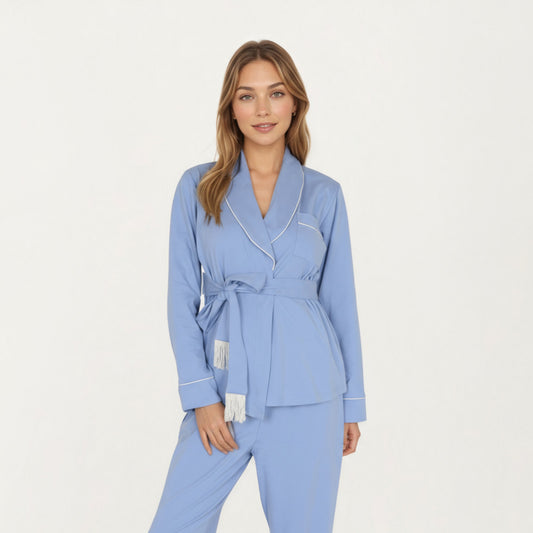 2-Piece Set Long Sleeve Belted Wrap Top and Relaxed Fit Pants Pajama Set with Shawl Collar and Soft Lightweight Fabric