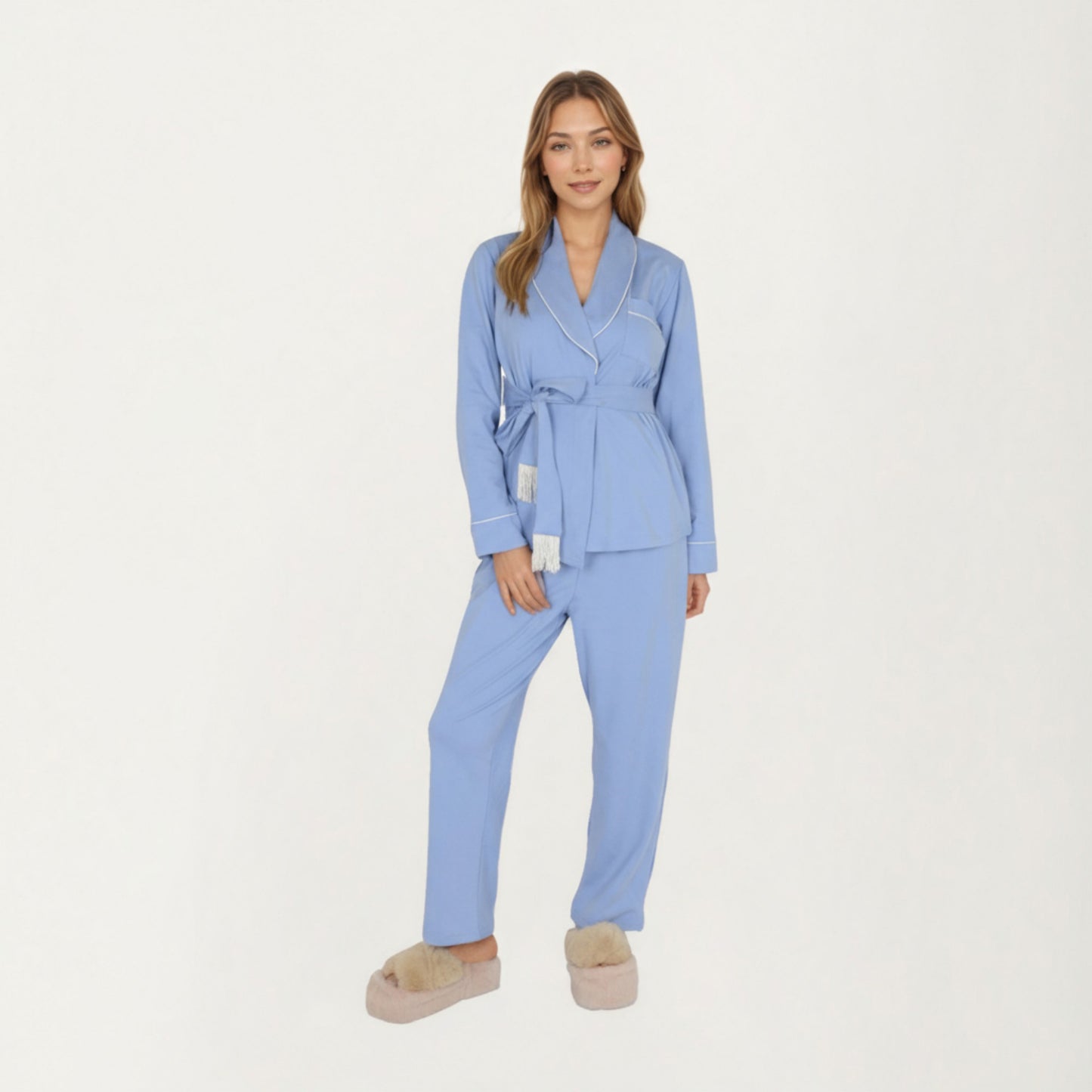 2-Piece Set Long Sleeve Belted Wrap Top and Relaxed Fit Pants Pajama Set with Shawl Collar and Soft Lightweight Fabric