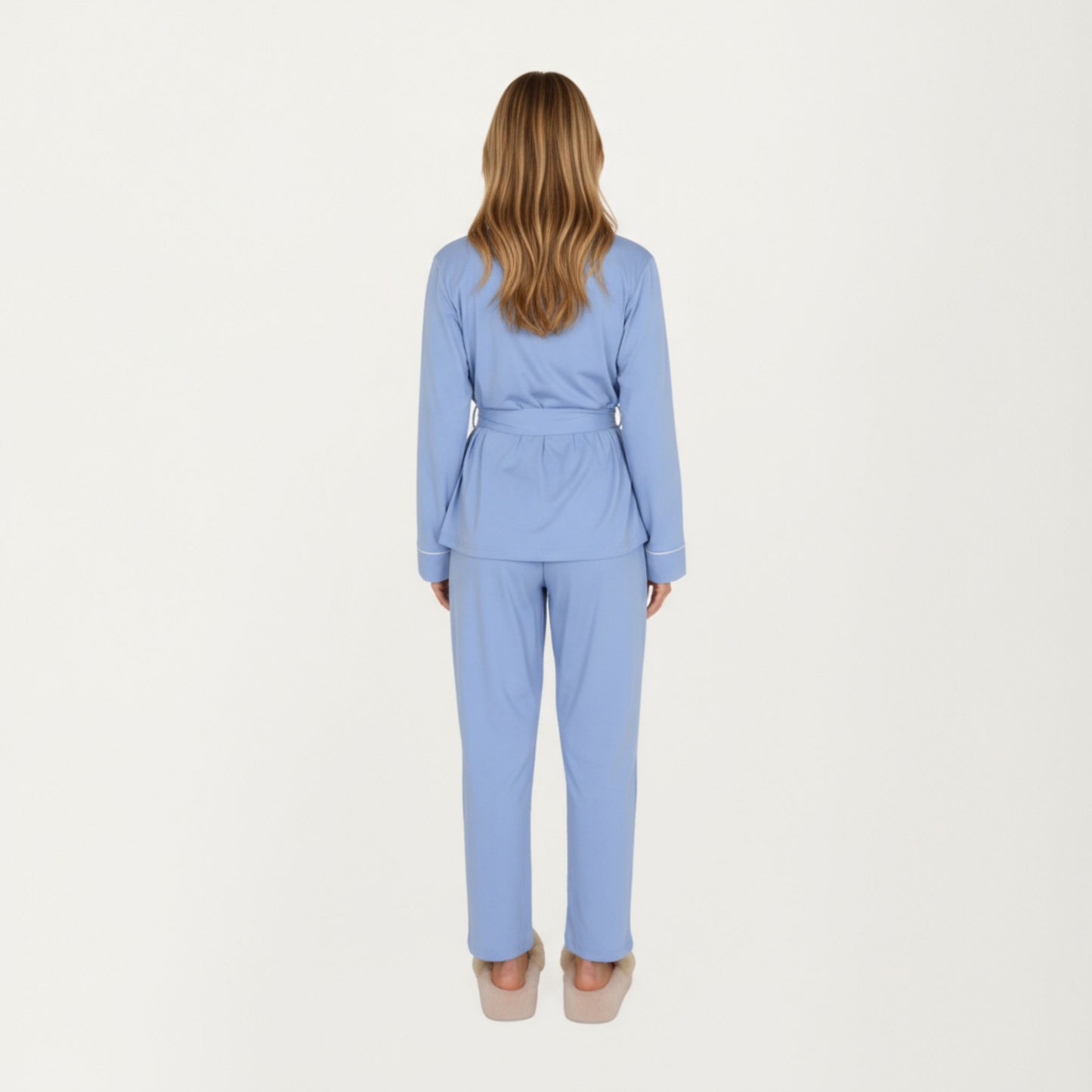 2-Piece Set Long Sleeve Belted Wrap Top and Relaxed Fit Pants Pajama Set with Shawl Collar and Soft Lightweight Fabric