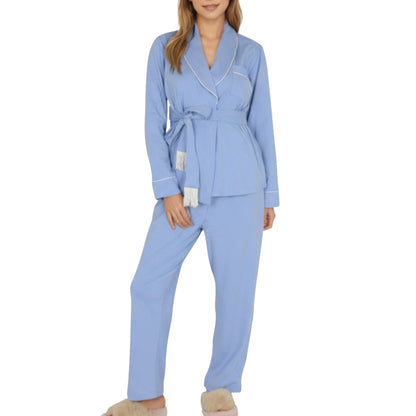 2-Piece Set Long Sleeve Belted Wrap Top and Relaxed Fit Pants Pajama Set with Shawl Collar and Soft Lightweight Fabric