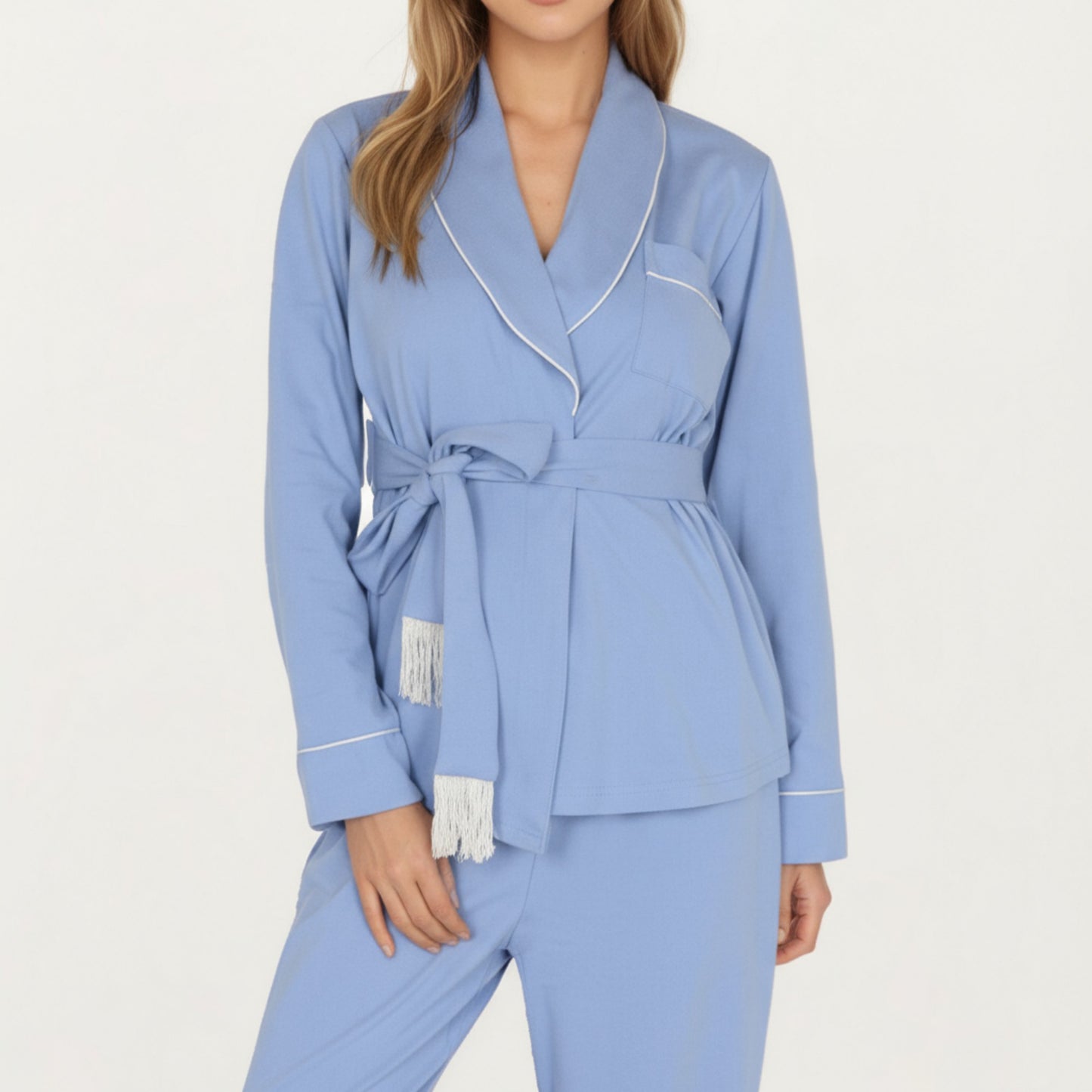 2-Piece Set Long Sleeve Belted Wrap Top and Relaxed Fit Pants Pajama Set with Shawl Collar and Soft Lightweight Fabric